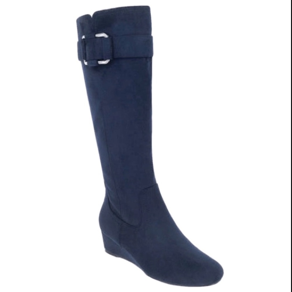 NWT IMPO Genia Stretch Wedge Blue Knee Boot Memory Foam 7.5 Wide calf & width